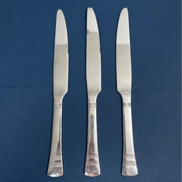 Vtg Pfaltzgraff Kensington Sapphire Bay Set 3 Dinner Knives Stainless Flatware - Picture 2 of 4